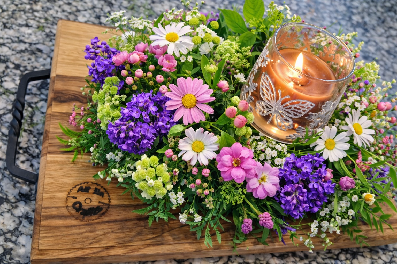 Spring flowers displayed on All*En Crafts™ Black Limba Cutting Board