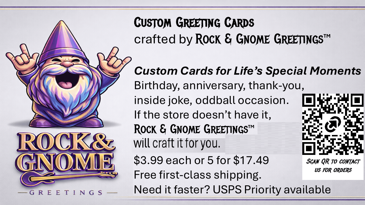 Custom Greeting Cards are available from Rock & Gnome Greetings™. These are custom cards featuring your message the big box stores don’t carry. Delivering your message, your occasion for your loved in languages of your choice.