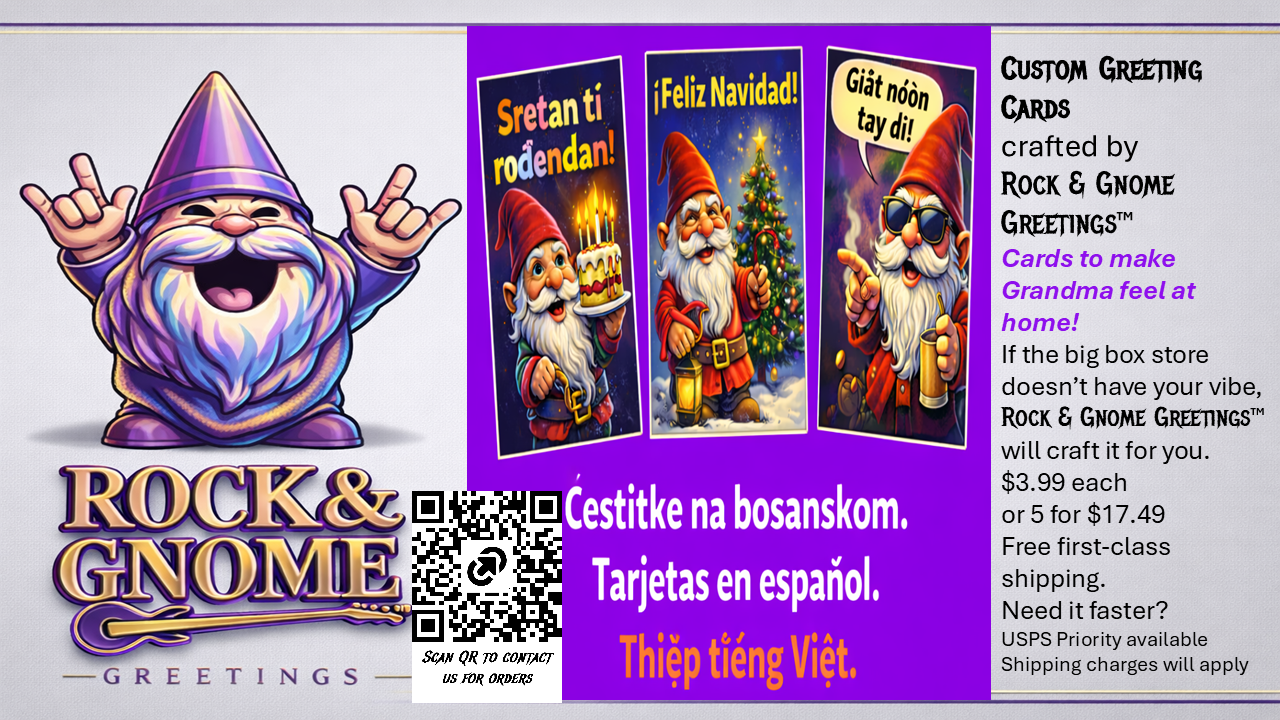 Custom Greeting Cards are available from Rock & Gnome Greetings™. These are custom cards featuring your message the big box stores don’t carry. Delivering your message, your occasion for your loved in languages of your choice.