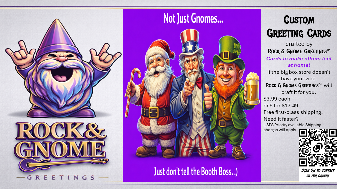 Custom Greeting Cards are available from Rock & Gnome Greetings™. These are custom cards featuring your message the big box stores don’t carry. Delivering your message, your occasion for your loved in languages of your choice.