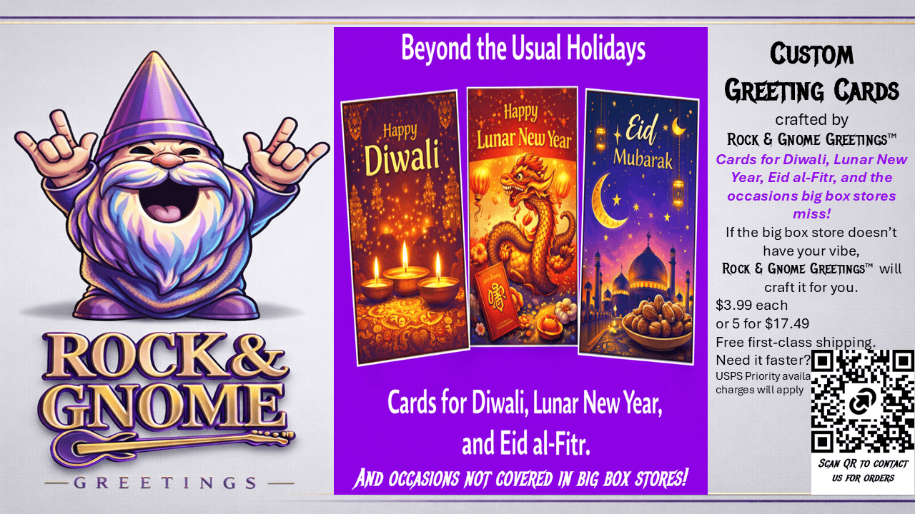 Custom Greeting Cards are available from Rock & Gnome Greetings™. These are custom cards featuring your message the big box stores don’t carry. Delivering your message, your occasion for your loved in languages of your choice.