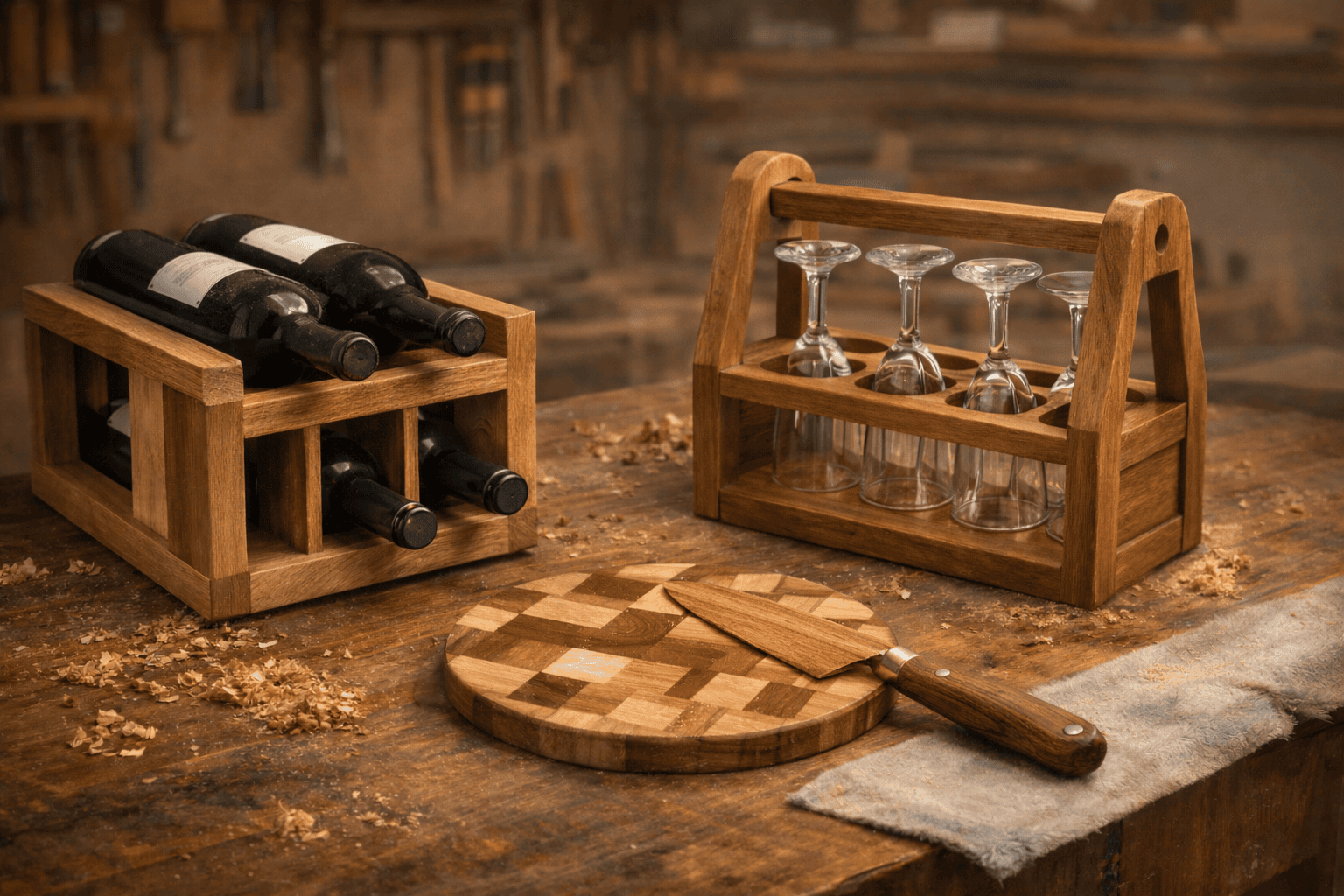 Handcrafted wooden kitchenware including wine rack, glass caddy, and cake knife on workshop bench