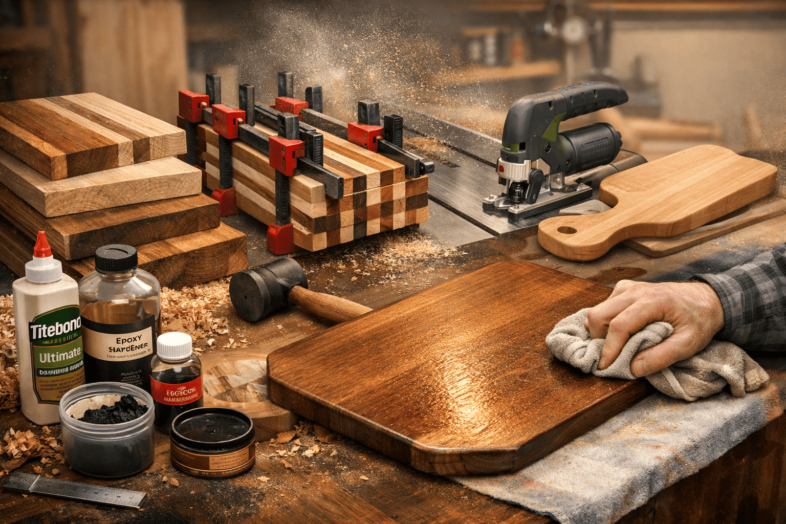 All En Crafts woodworker hand-finishing hardwood cutting board with Bear Necessities Wood Honey™ food-safe oil
