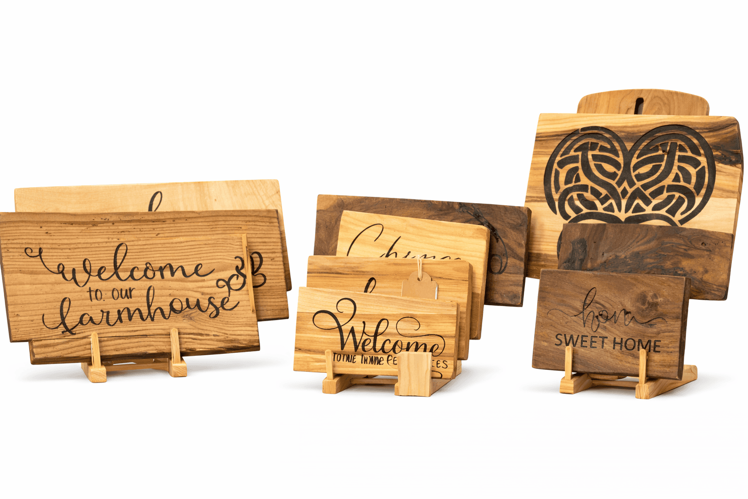 Stenciled hardwood rustic wall art for kitchen and home decor displayed on wooden easels